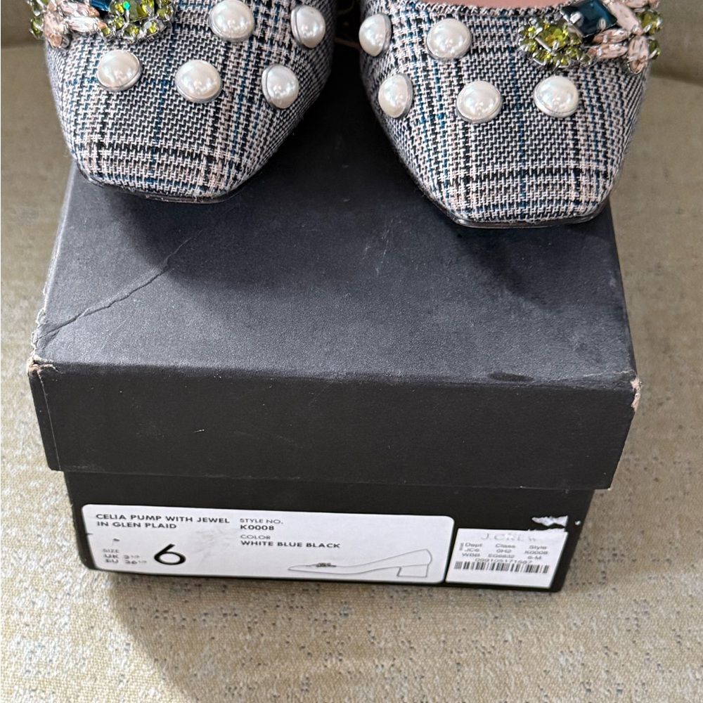 J. Crew Plaid Heels with Pearl and Jewel Accents - Picture 2 of 6